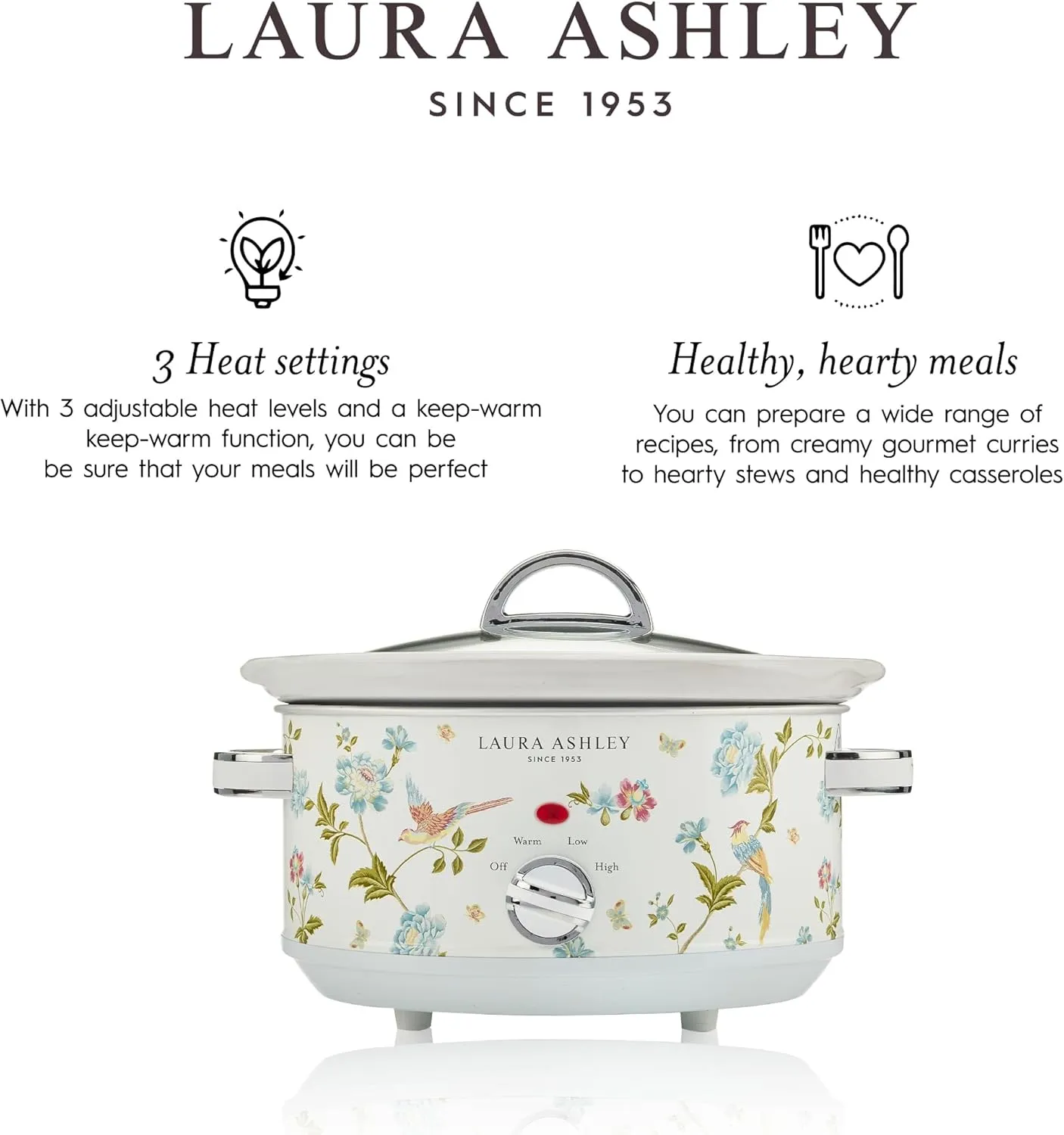 Laura Ashley Slow Cooker 3.7 Quart - Large Slow Cooker 3.7 QT for 4 to 5 People - Energy Efficient Slow Cookers with 3 Heat Settings - Dishwasher Safe Removeable Ceramic Crock & Tempered Glass Lid