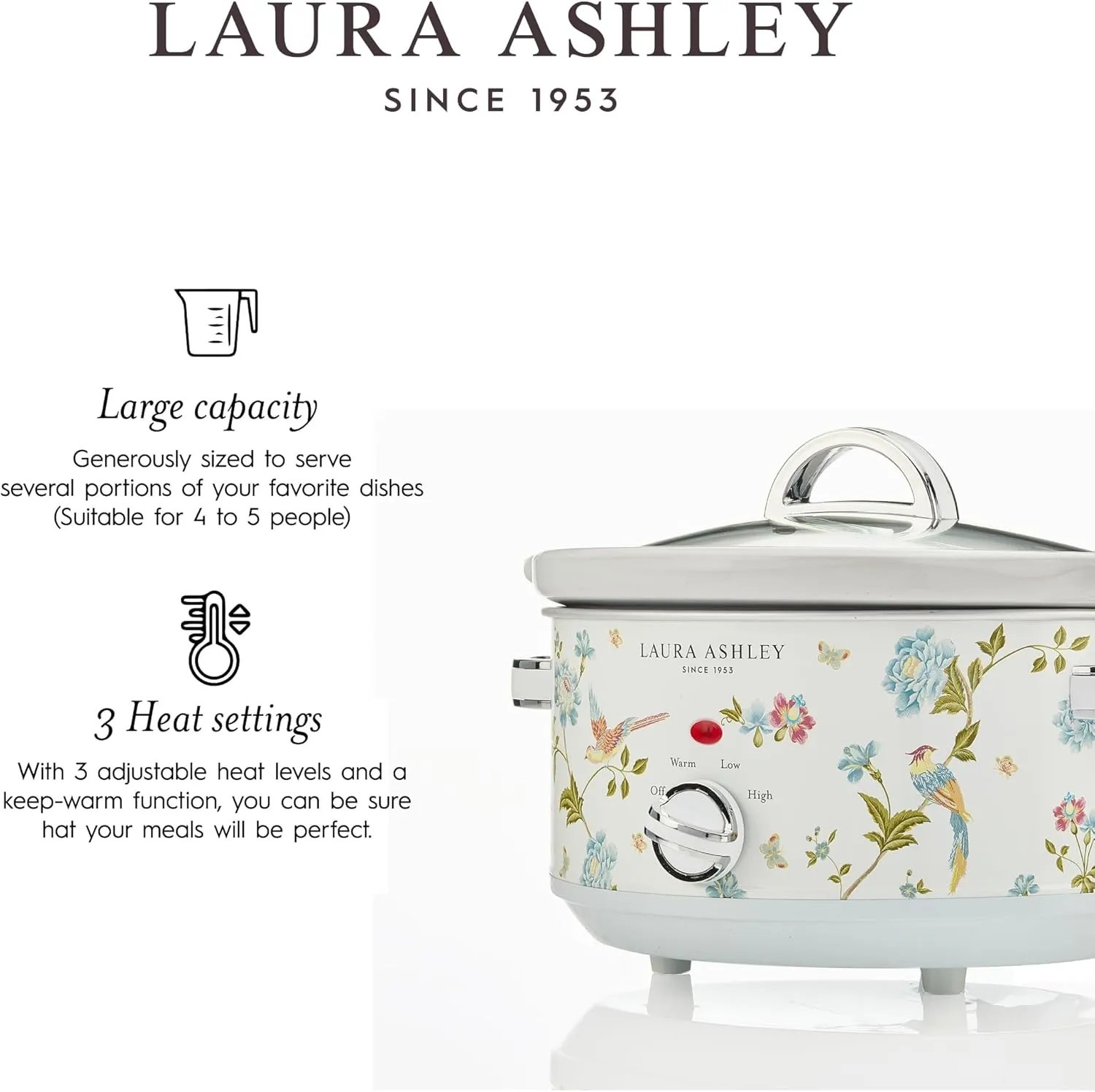 Laura Ashley Slow Cooker 3.7 Quart - Large Slow Cooker 3.7 QT for 4 to 5 People - Energy Efficient Slow Cookers with 3 Heat Settings - Dishwasher Safe Removeable Ceramic Crock & Tempered Glass Lid