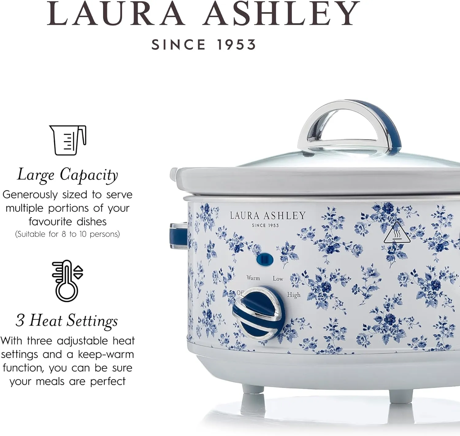 Laura Ashley Slow Cooker 6.8 Quart - Large Slow Cooker 6.8 QT for 8 to 10 People - Energy Efficient Slow Cookers with 3 Heat Settings - Dishwasher Safe Removeable Ceramic Crock & Tempered Glass Lid
