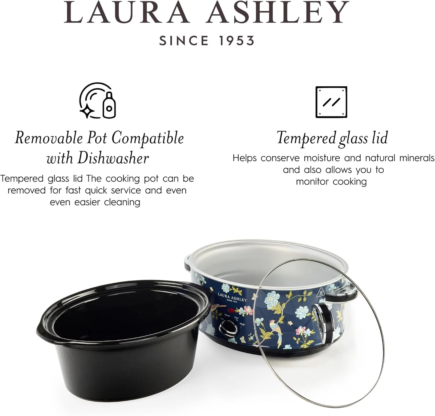 Laura Ashley Slow Cooker 6.8 Quart - Large Slow Cooker 6.8 QT for 8 to 10 People - Energy Efficient Slow Cookers with 3 Heat Settings - Dishwasher Safe Removeable Ceramic Crock & Tempered Glass Lid