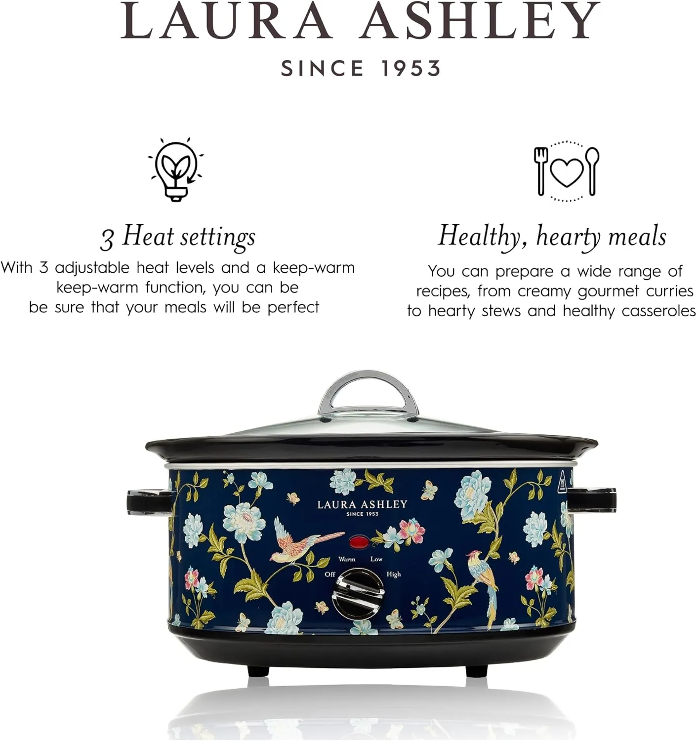 Laura Ashley Slow Cooker 6.8 Quart - Large Slow Cooker 6.8 QT for 8 to 10 People - Energy Efficient Slow Cookers with 3 Heat Settings - Dishwasher Safe Removeable Ceramic Crock & Tempered Glass Lid