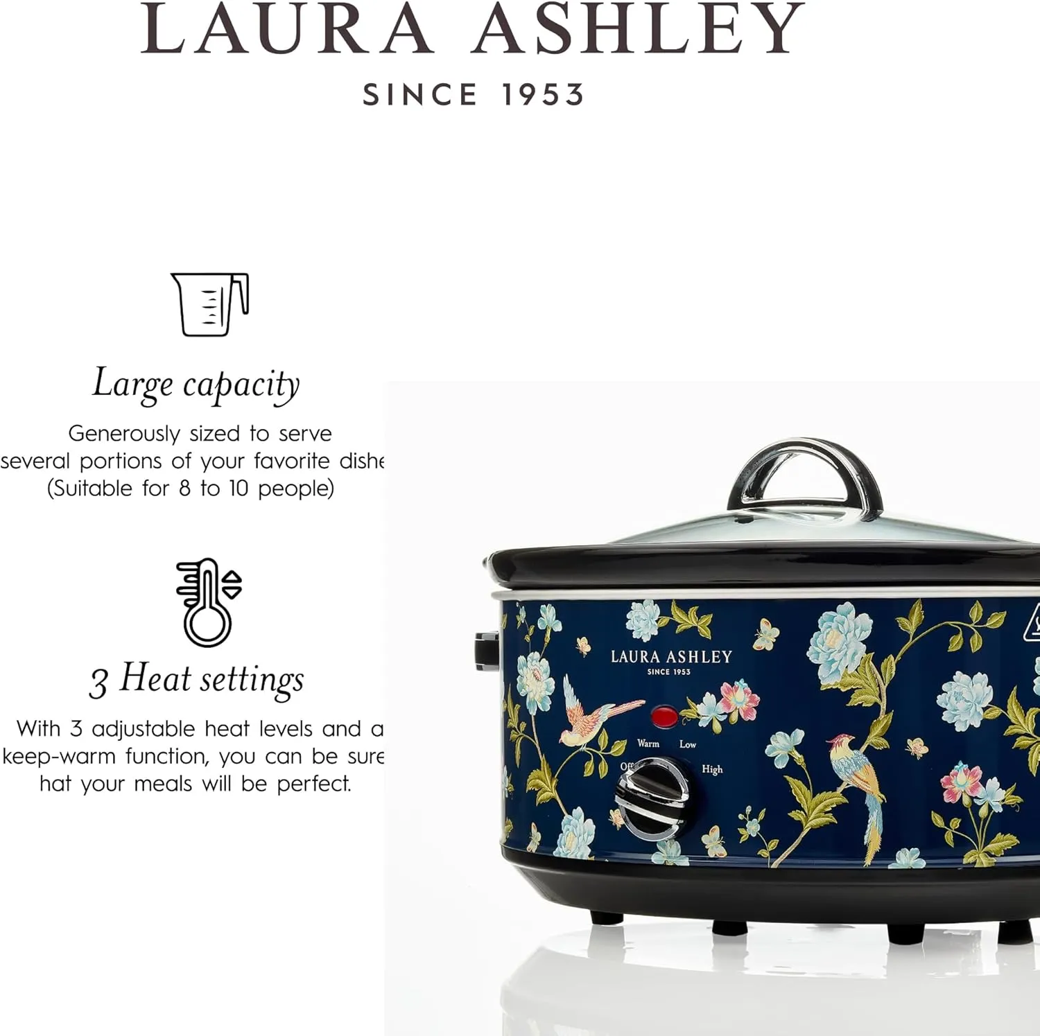 Laura Ashley Slow Cooker 6.8 Quart - Large Slow Cooker 6.8 QT for 8 to 10 People - Energy Efficient Slow Cookers with 3 Heat Settings - Dishwasher Safe Removeable Ceramic Crock & Tempered Glass Lid