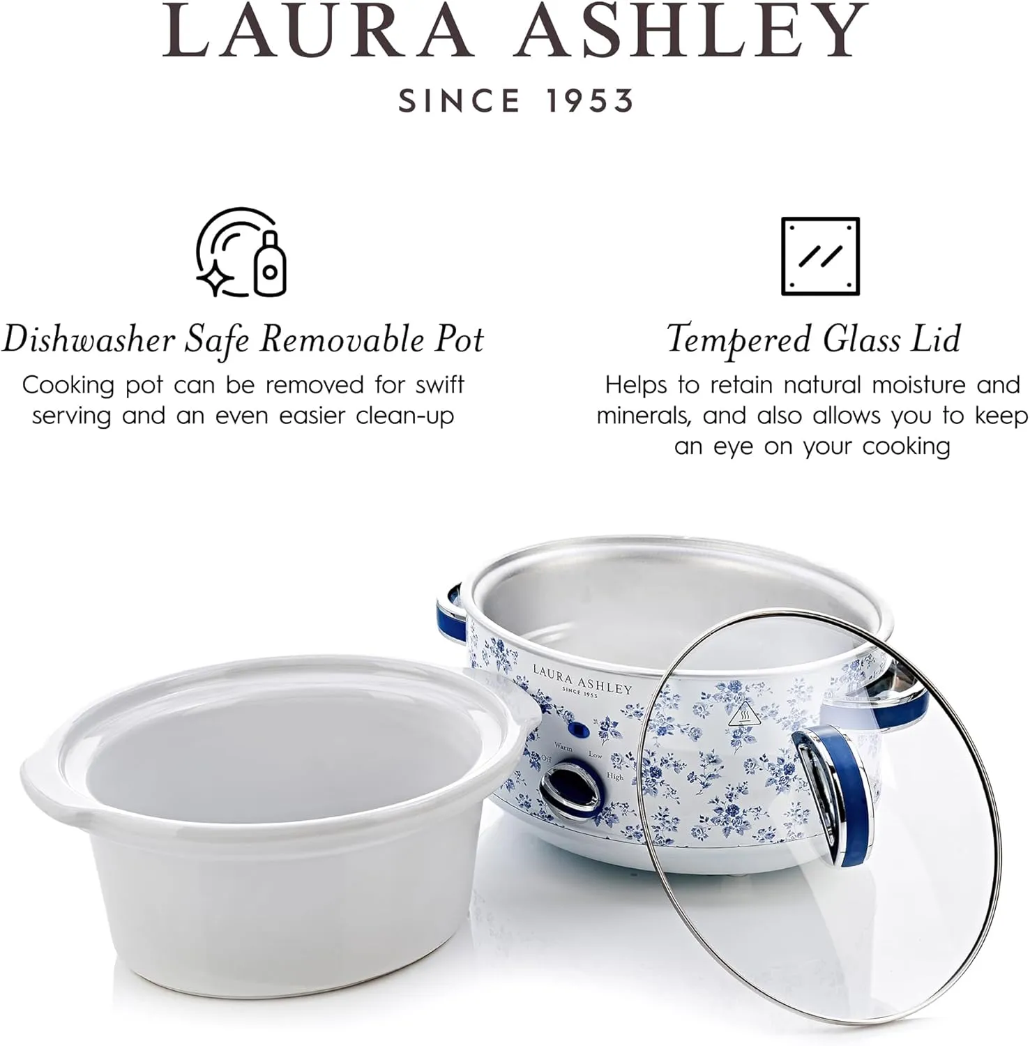 Laura Ashley Slow Cooker 6.8 Quart - Large Slow Cooker 6.8 QT for 8 to 10 People - Energy Efficient Slow Cookers with 3 Heat Settings - Dishwasher Safe Removeable Ceramic Crock & Tempered Glass Lid