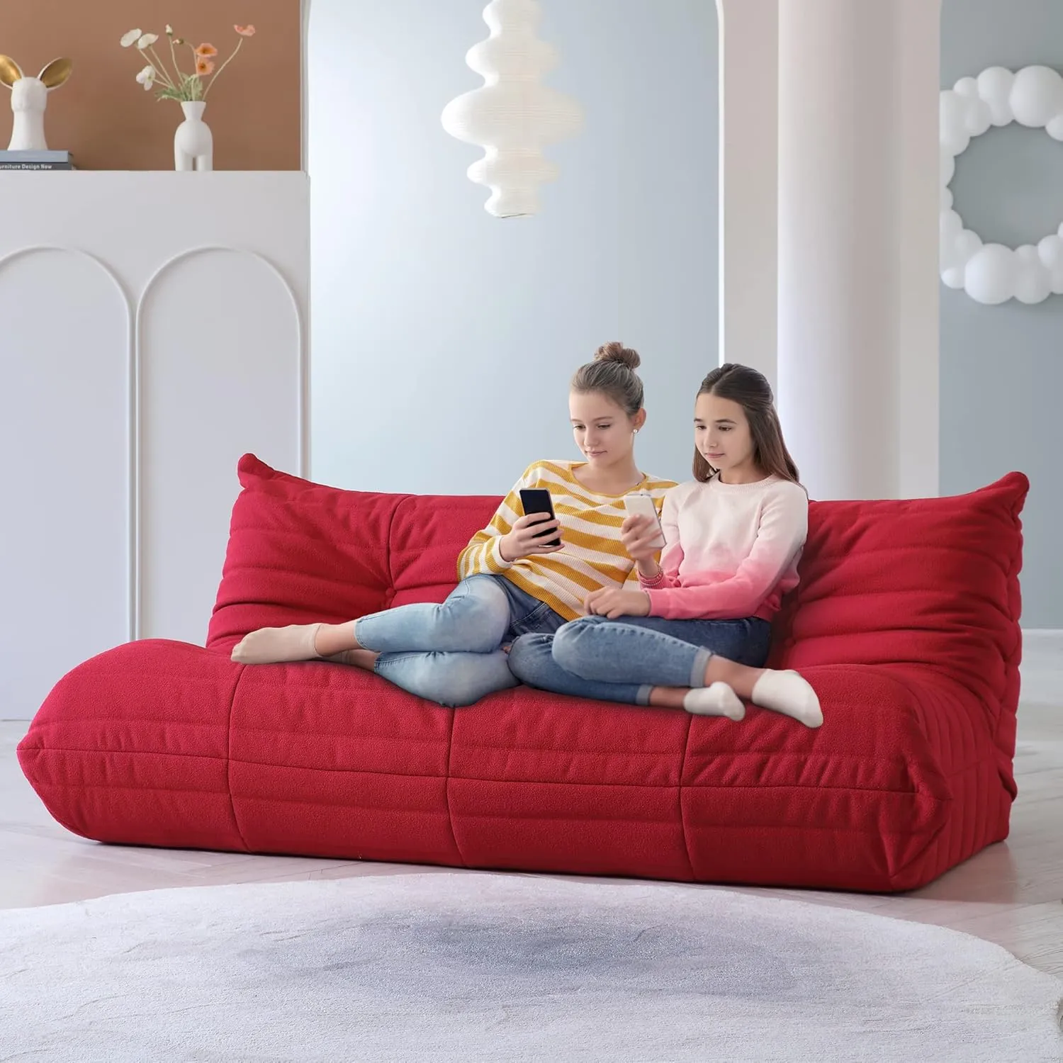 Lazy Floor Sofa, Fireside Chair,Teddy Velvet Sofa Bean Bag Couch, Lounge Accent Chair for Living Room Corner Bedroom Salon Office-3 Seater
