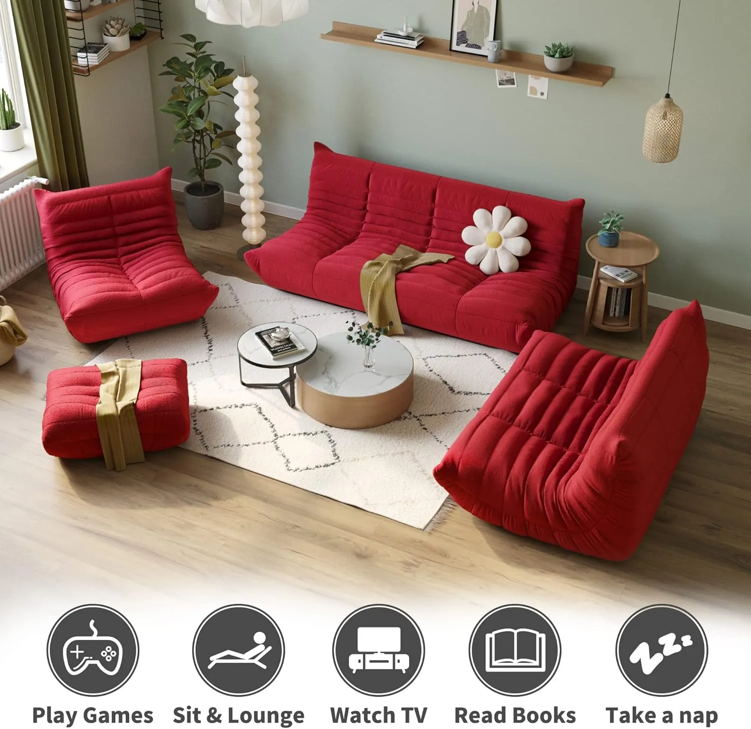 Lazy Floor Sofa, Fireside Chair,Teddy Velvet Sofa Bean Bag Couch, Lounge Accent Chair for Living Room Corner Bedroom Salon Office-3 Seater