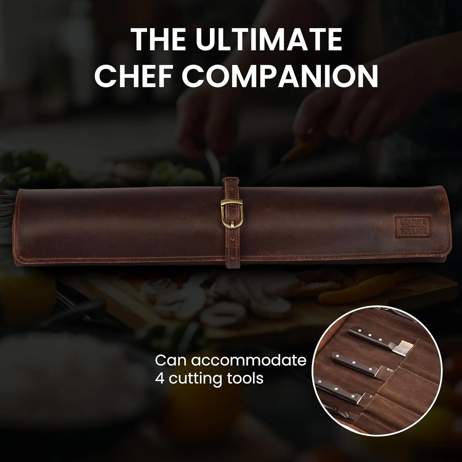 LEATHER VILLAGE Genuine Leather Knife Roll Bag – Professional Chef Carrying Case, Durable Sheath Holder, Cooks & Culinary Tools Organizer, Portable Travel Storage with 4 Slots & Zipper - Cherry