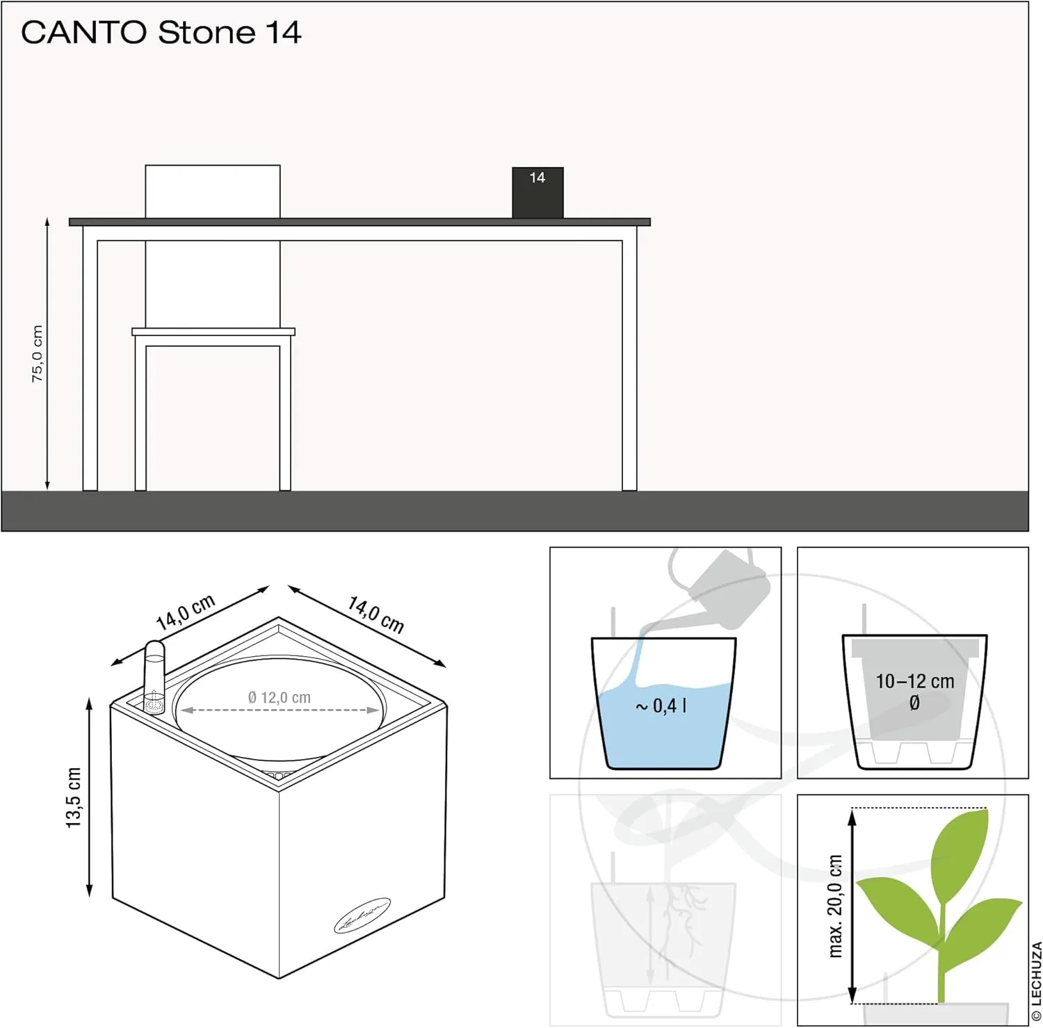 Lechuza 13470 Canto 14 Cube Self-Watering Planter for Indoor and Outdoor Use, 5.5" x 5.5" x 5.25", Grey