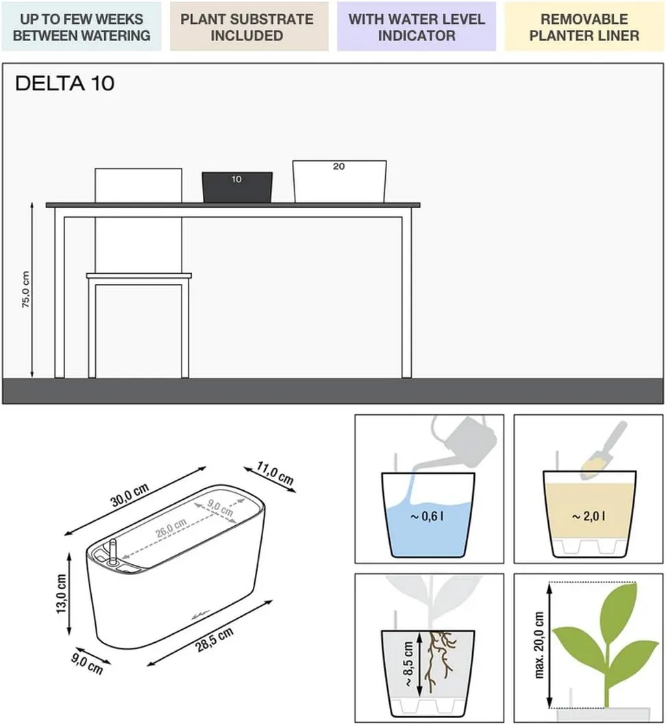 Lechuza 15466 Delta 10 Self-Watering Garden Planter, Taupe High Gloss