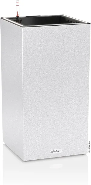 Lechuza CANTO Stone 30 High LED Quartz White Poly Resin Floor Self-watering Planter with Substrate and Water Level Indicator L30 W30 H56 cm, 12L