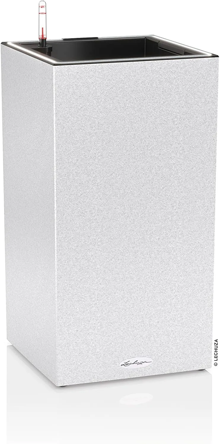 Lechuza CANTO Stone 30 High LED Quartz White Poly Resin Floor Self-watering Planter with Substrate and Water Level Indicator L30 W30 H56 cm, 12L