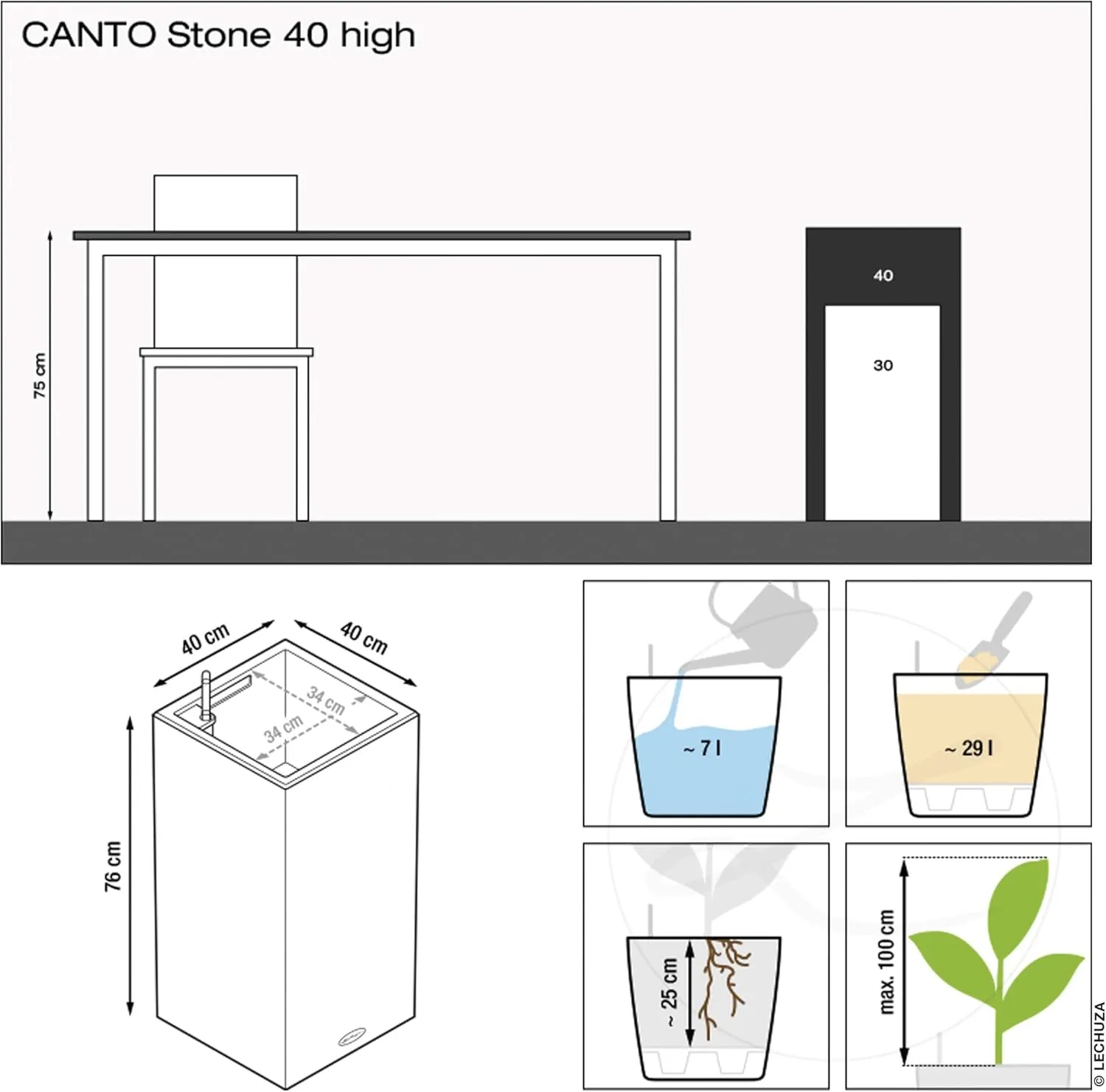 Lechuza Canto Stone 40 High Self Watering Planter Large Garden Flower Plant Pot Indoor/Outdoor Floor Planter with Drainage Hole and Plant Substrate Poly Resin H70 L40 W40 cm Graphite Black