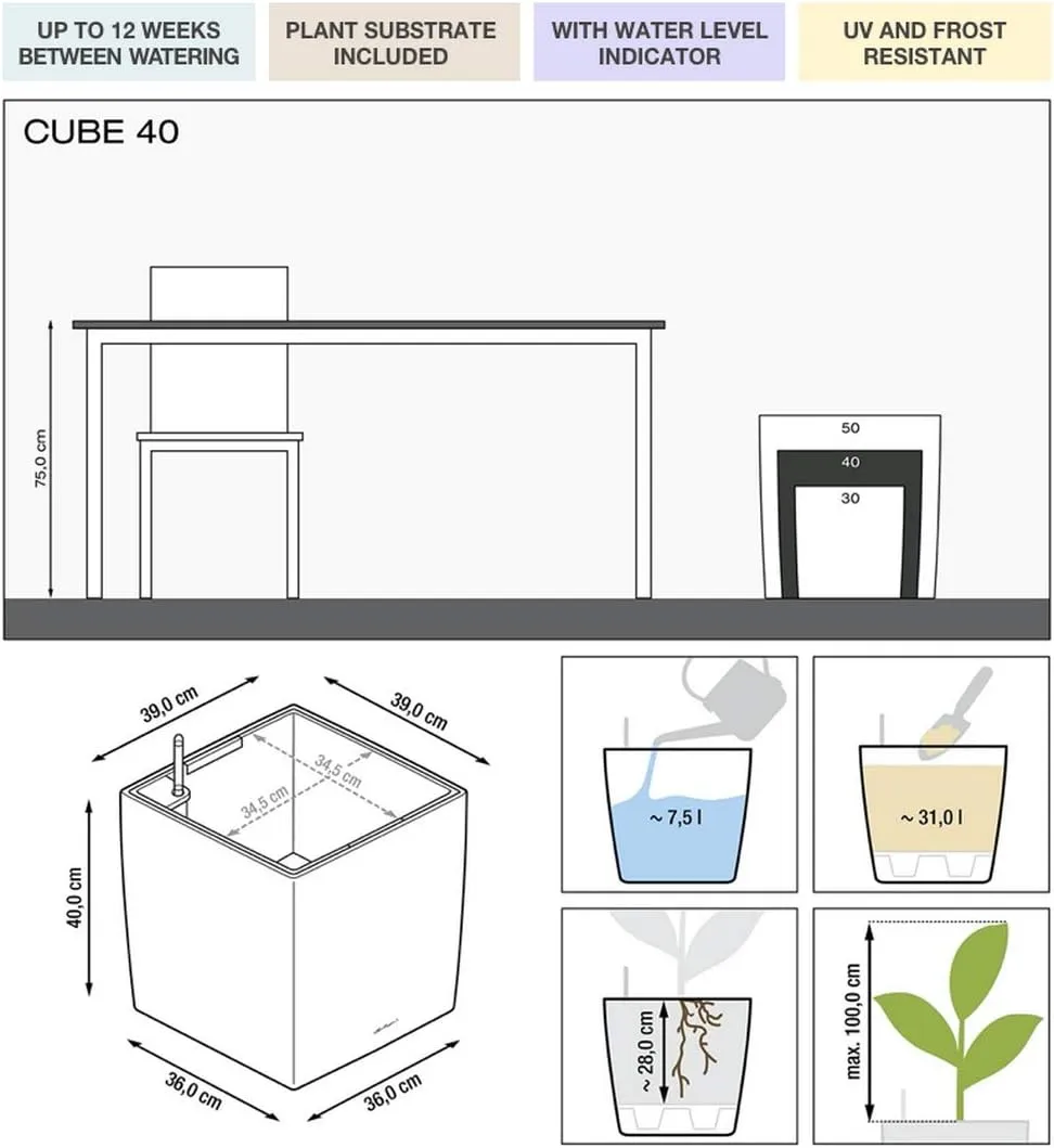 Lechuza Cube 40 Medium Flower Indoor/Outdoor Garden Floor Self-Watering Planter with Drainage Hole with Plant Substrate Contemporary Poly-Resin D40 H40 L40 W40 cm Black 3.37 Kg