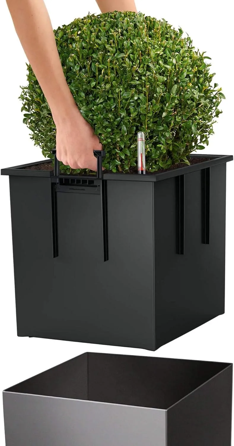 Lechuza Cube 40 Medium Flower Indoor/Outdoor Garden Floor Self-Watering Planter with Drainage Hole with Plant Substrate Contemporary Poly-Resin D40 H40 L40 W40 cm Black 3.37 Kg