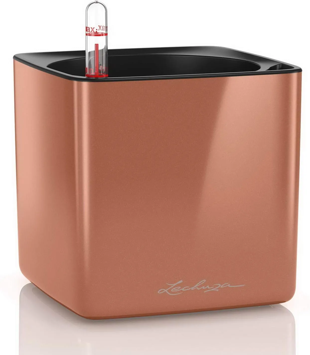 Lechuza Cube Glossy 14 Self Watering Planter Small Flower Plant Pot Indoor Table Planter Without Drainage Hole Poly Resin H14 L14 W14 cm Spicy Copper Highgloss
