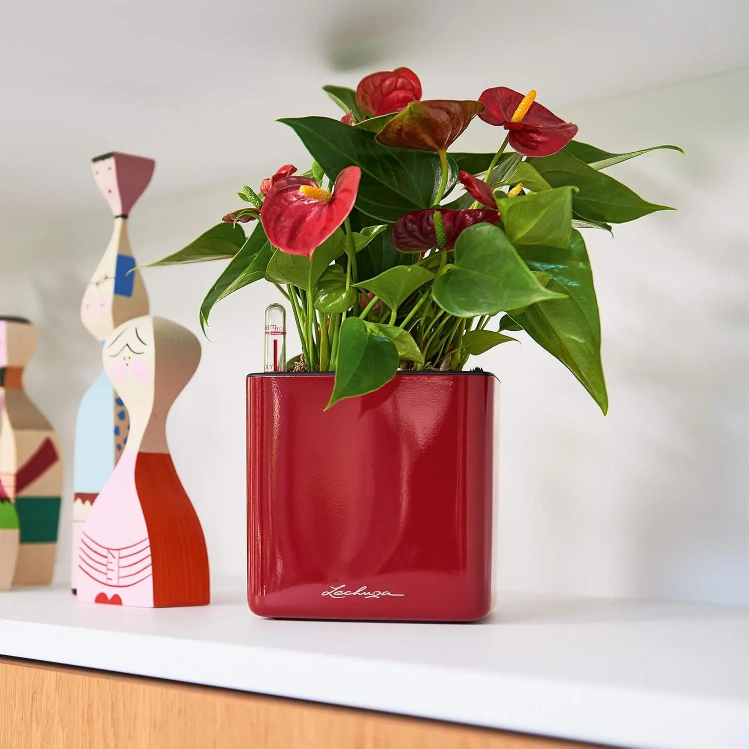 Lechuza Cube Glossy 14 Self Watering Planter Small Flower Plant Pot Indoor Table Planter Without Drainage Hole Poly Resin H14 L14 W14 cm Spicy Copper Highgloss