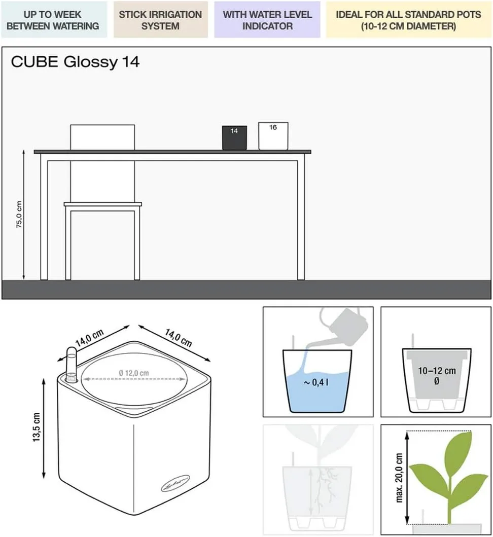Lechuza Cube Glossy 14 Self Watering Planter Small Flower Plant Pot Indoor Table Planter Without Drainage Hole Poly Resin H14 L14 W14 cm Spicy Copper Highgloss