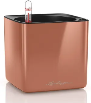 Lechuza Cube Glossy 14 Self Watering Planter Small Flower Plant Pot Indoor Table Planter Without Drainage Hole Poly Resin H14 L14 W14 cm Spicy Copper Highgloss