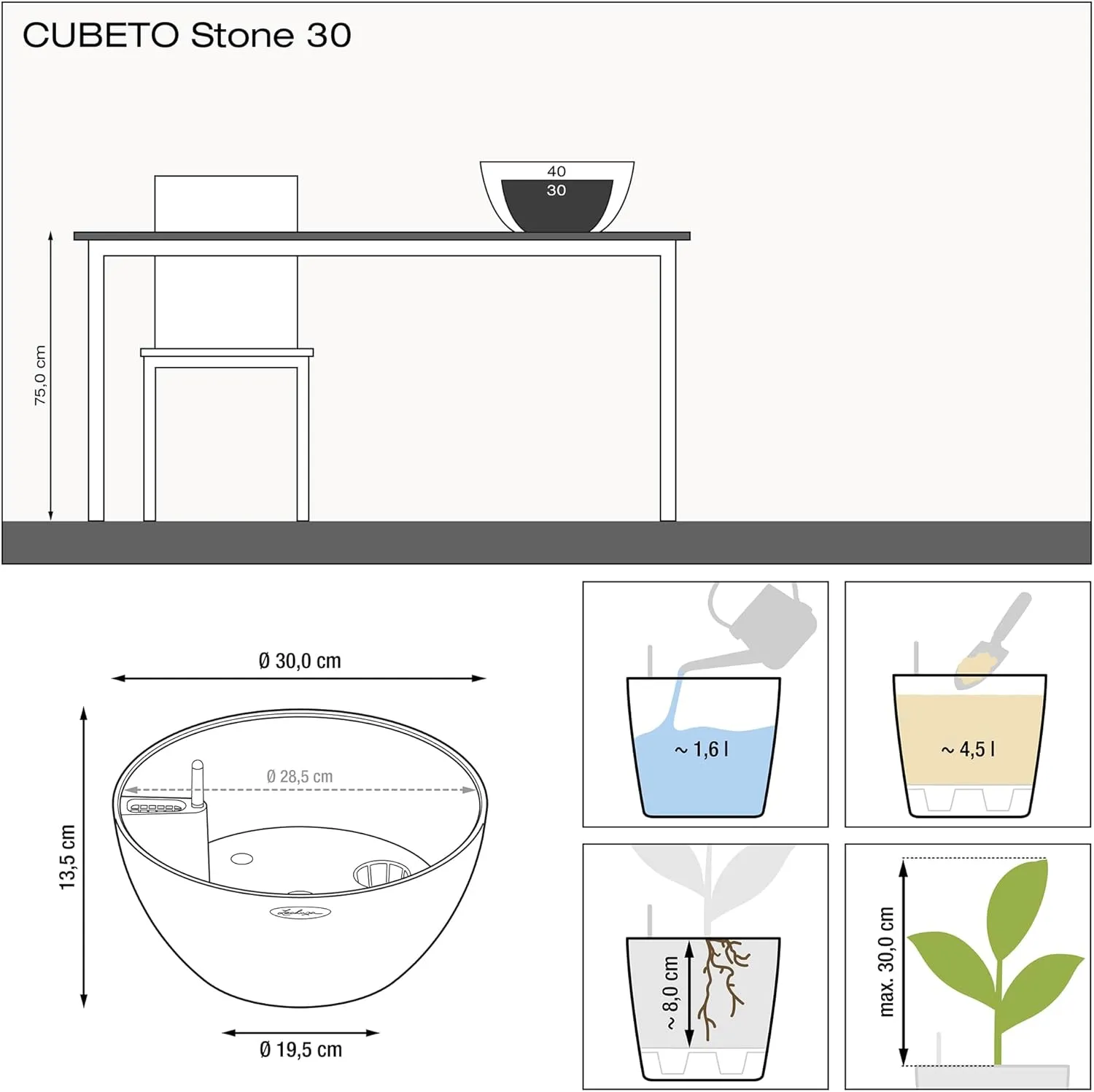 Lechuza Cubeto Color Bowl 30 - Quartz White