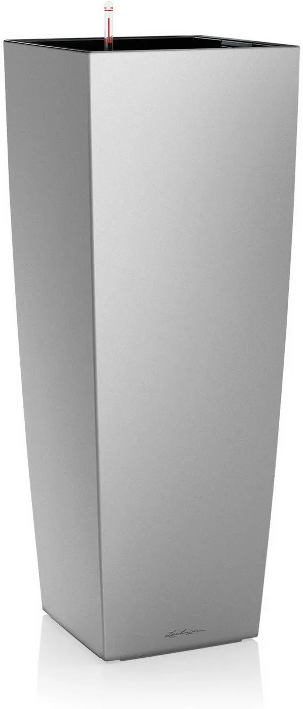 Lechuza CUBICO Alto Self Watering Planter Large Garden Flower Plant Pot Indoor/Outdoor Floor Planter with Drainage Hole and Plant Substrate Poly Resin H105 L40 W40 cm Silver Metallic