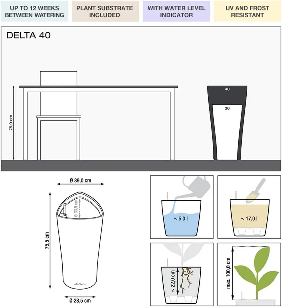 Lechuza Delta 40 Self Watering Planter Large Garden Flower Plant Pot Indoor/Outdoor Floor with Planter Drainage Hole and Plant Substrate Poly Resin D40 H75 cm White High-Gloss