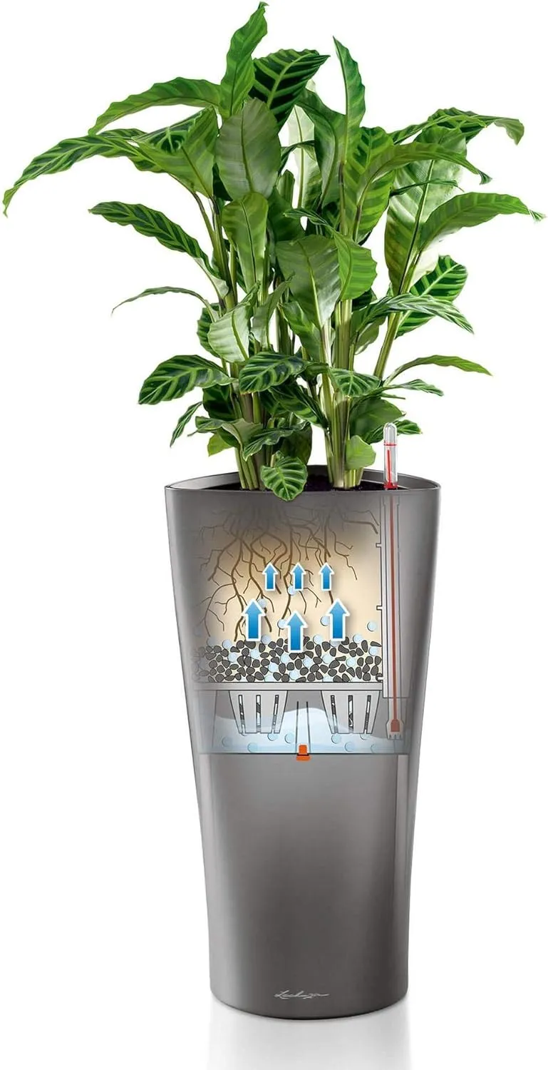 Lechuza Delta 40 Self Watering Planter Large Garden Flower Plant Pot Indoor/Outdoor Floor with Planter Drainage Hole and Plant Substrate Poly Resin D40 H75 cm White High-Gloss