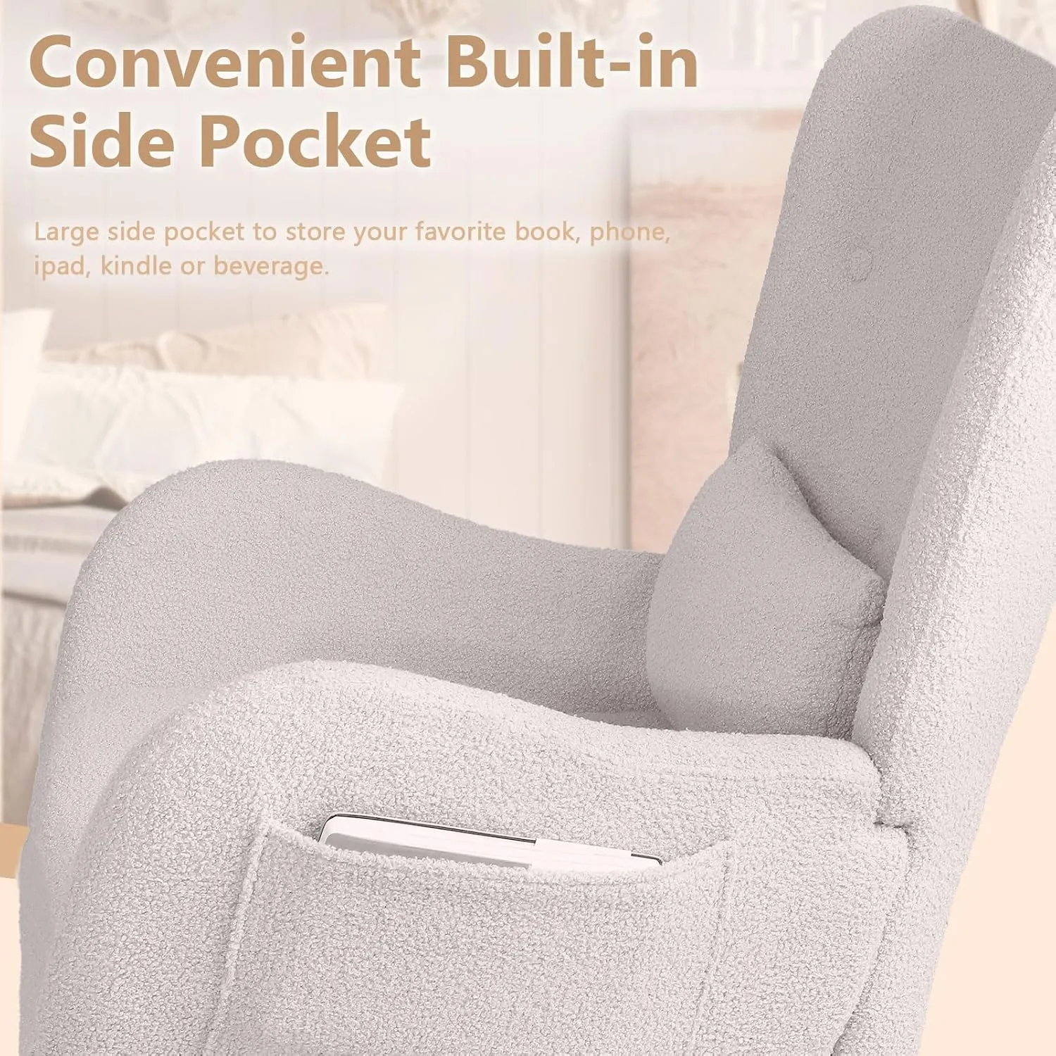 LEMBERI Rocking Chair Nursery, Teddy Upholstered Padded Seat Rocking Chair with Headrest, High Backrest Glider Accent Chair for Bedroom, Nursery, Living Room (Ivory White)