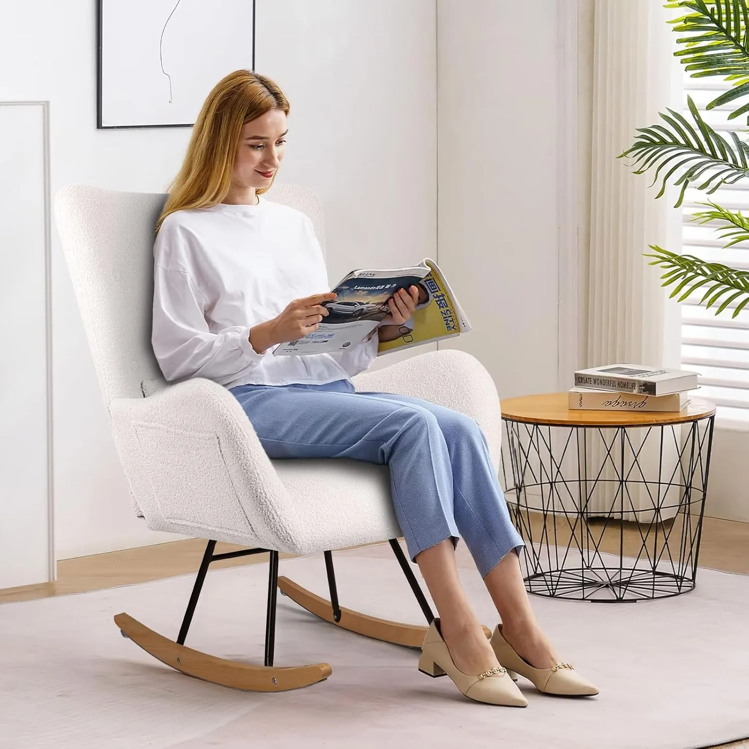 LEMBERI Rocking Chair Nursery, Teddy Upholstered Padded Seat Rocking Chair with Headrest, High Backrest Glider Accent Chair for Bedroom, Nursery, Living Room (Ivory White)
