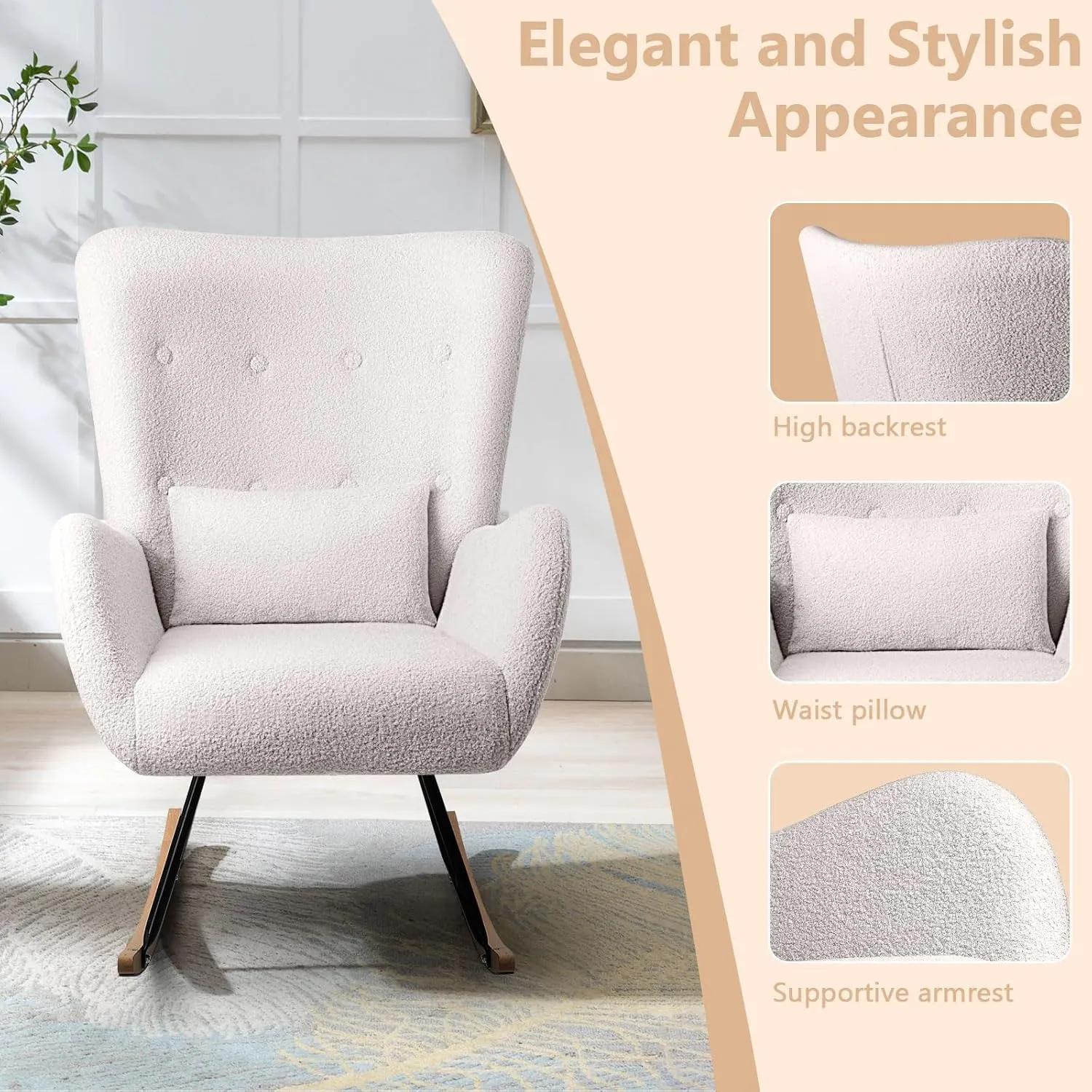 LEMBERI Rocking Chair Nursery, Teddy Upholstered Padded Seat Rocking Chair with Headrest, High Backrest Glider Accent Chair for Bedroom, Nursery, Living Room (Ivory White)