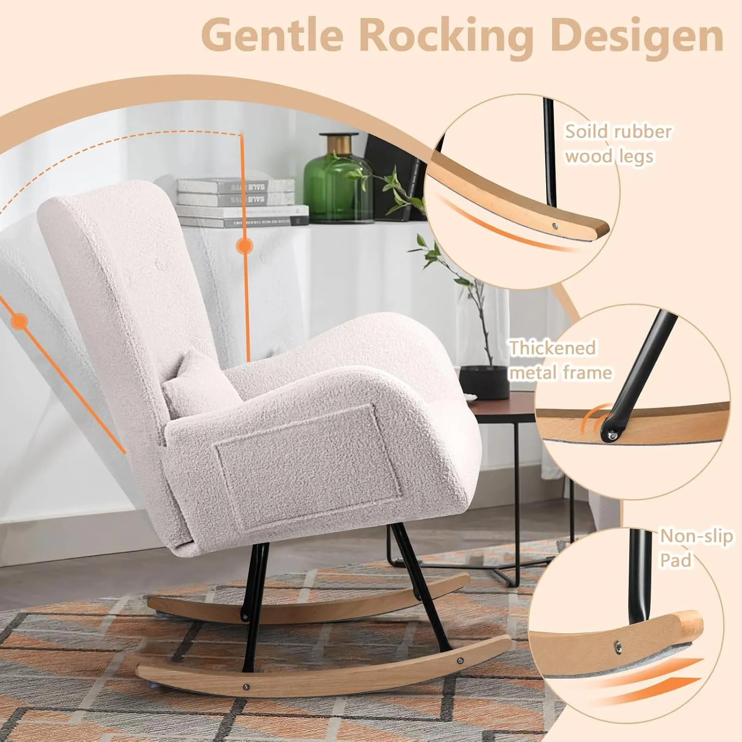 LEMBERI Rocking Chair Nursery, Teddy Upholstered Padded Seat Rocking Chair with Headrest, High Backrest Glider Accent Chair for Bedroom, Nursery, Living Room (Ivory White)