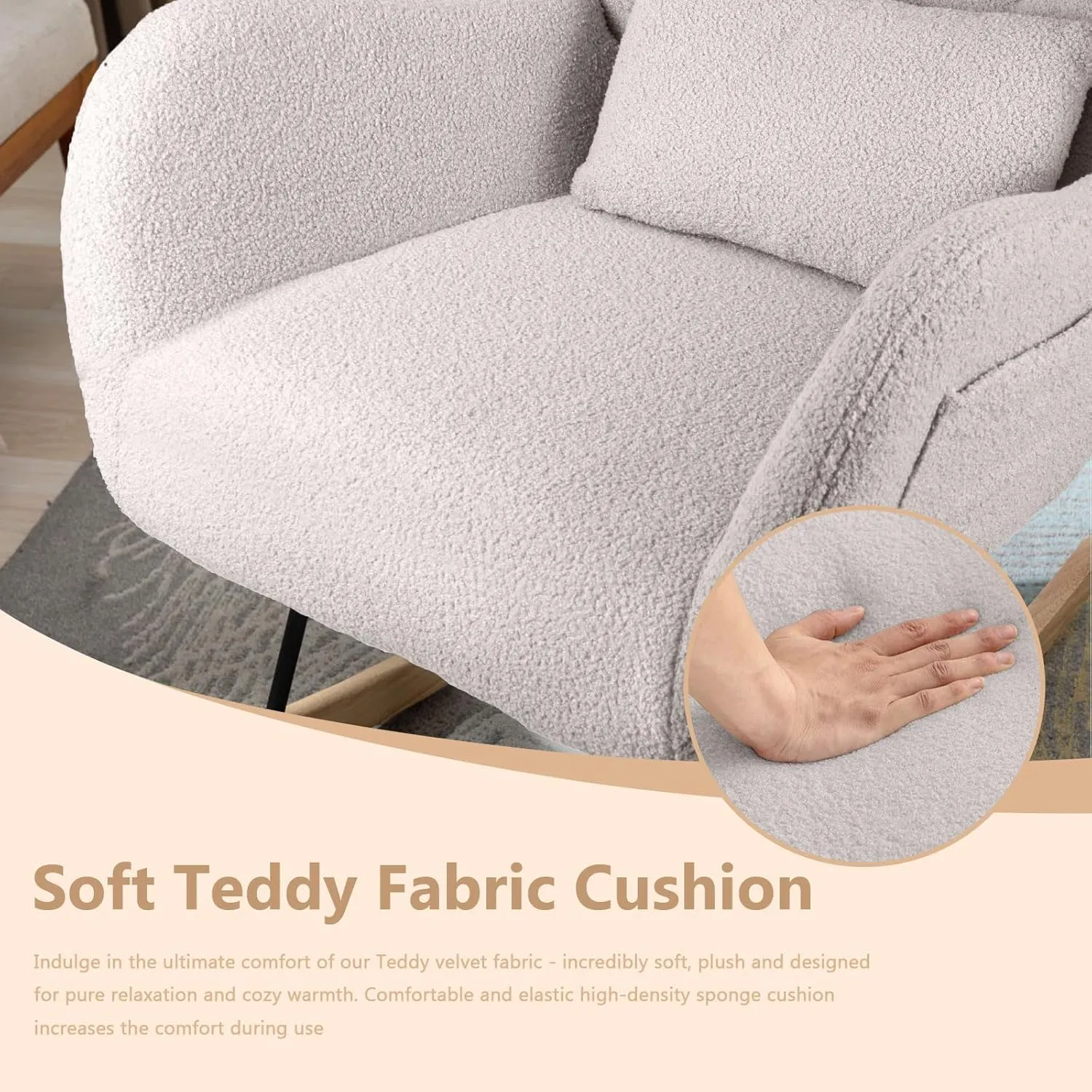 LEMBERI Rocking Chair Nursery, Teddy Upholstered Padded Seat Rocking Chair with Headrest, High Backrest Glider Accent Chair for Bedroom, Nursery, Living Room (Ivory White)