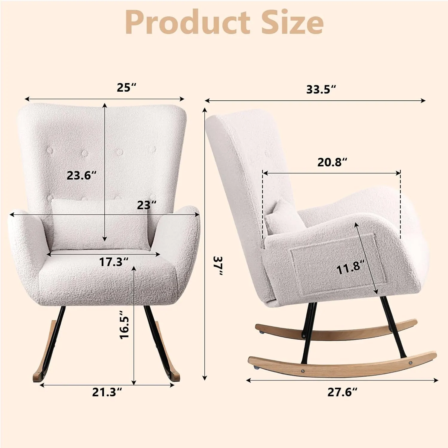 LEMBERI Rocking Chair Nursery, Teddy Upholstered Padded Seat Rocking Chair with Headrest, High Backrest Glider Accent Chair for Bedroom, Nursery, Living Room (Ivory White)