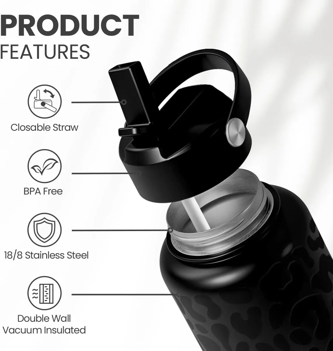 Leopard Water Bottle 32oz Stainless Steel Double Wall Vacuum Insulated with Lid, Leopard Print Water Bottles for Gym Sports Travel Outdoor, Gifts for Women Girls Ladies Birthday Christmas