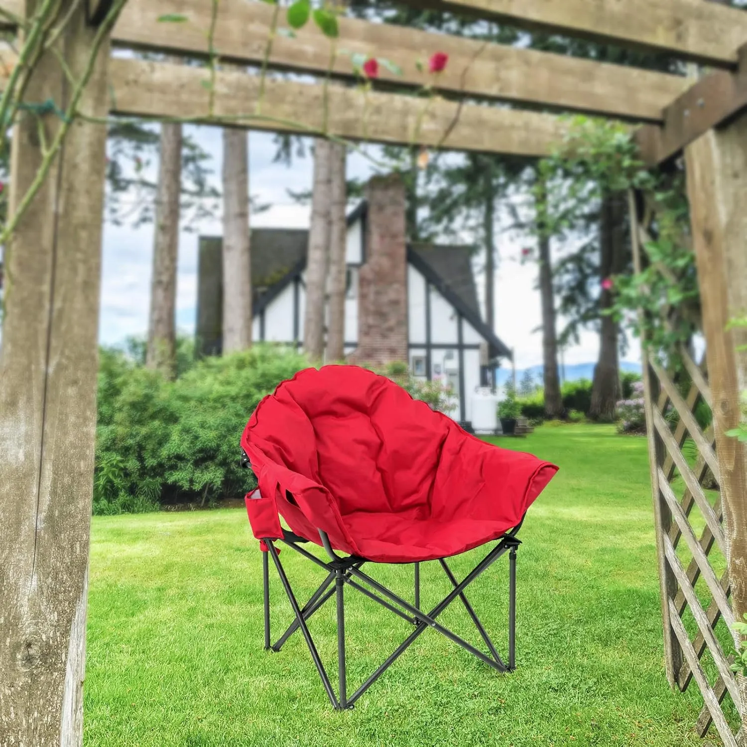 LET'S CAMP Heavy-Duty Oversize Camping Chair Round Moon Saucer Chair Padded with Cup Holder and Carry Bag Folding Chair