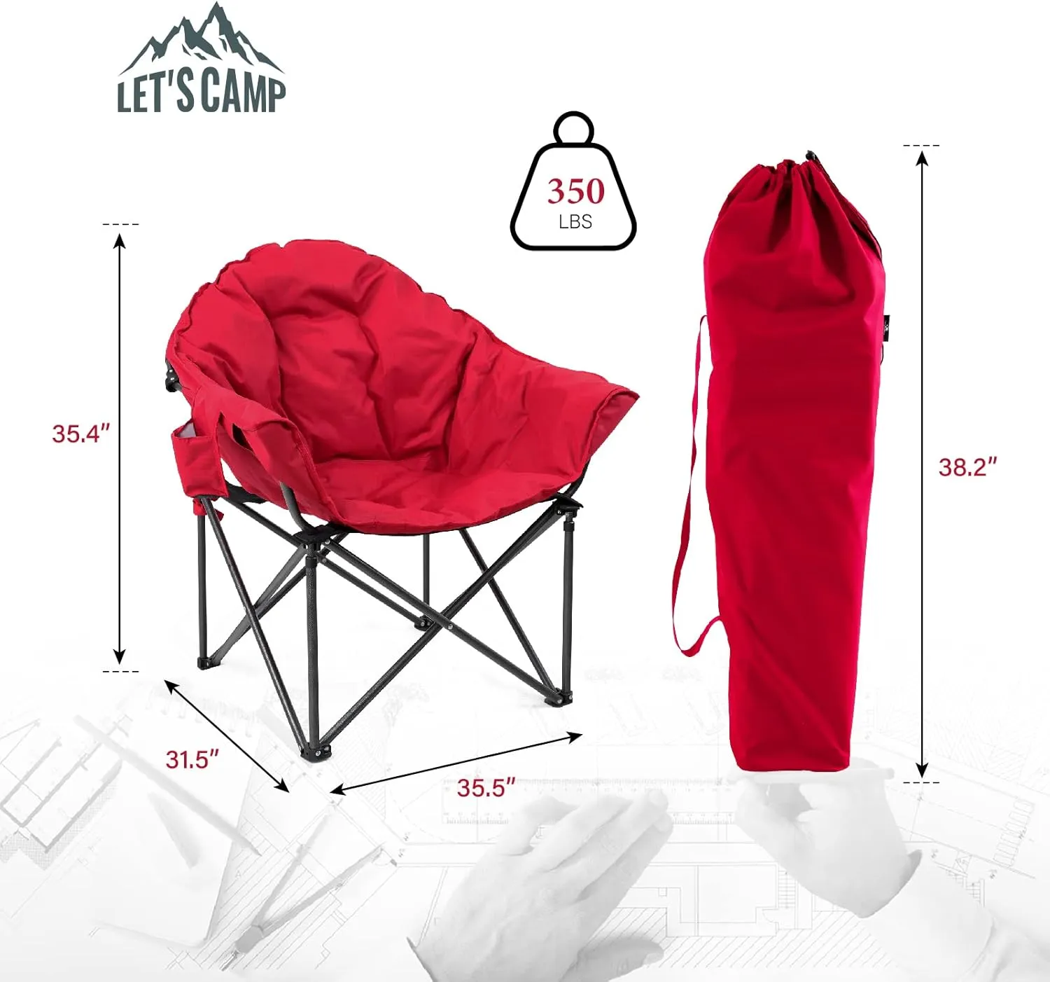 LET'S CAMP Heavy-Duty Oversize Camping Chair Round Moon Saucer Chair Padded with Cup Holder and Carry Bag Folding Chair