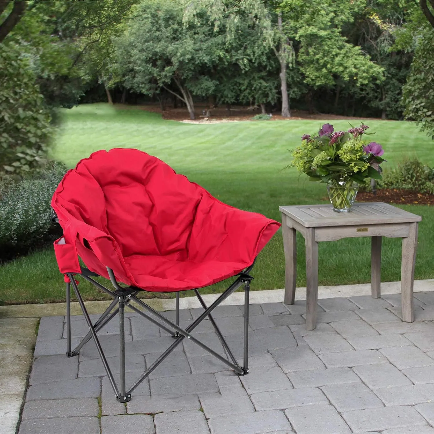 LET'S CAMP Heavy-Duty Oversize Camping Chair Round Moon Saucer Chair Padded with Cup Holder and Carry Bag Folding Chair