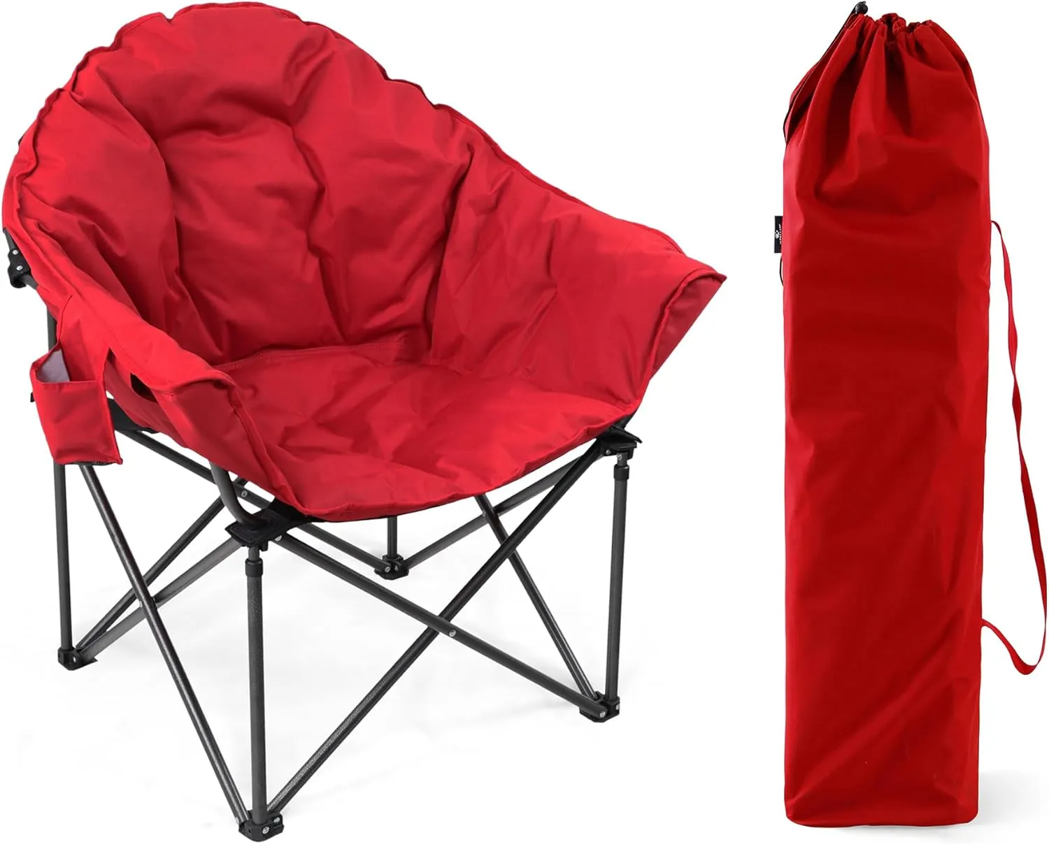 LET'S CAMP Heavy-Duty Oversize Camping Chair Round Moon Saucer Chair Padded with Cup Holder and Carry Bag Folding Chair
