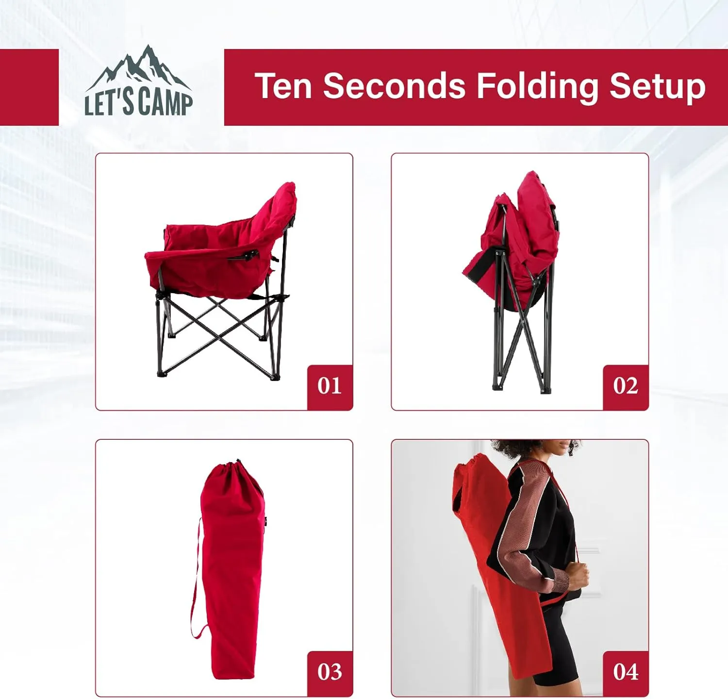 LET'S CAMP Heavy-Duty Oversize Camping Chair Round Moon Saucer Chair Padded with Cup Holder and Carry Bag Folding Chair