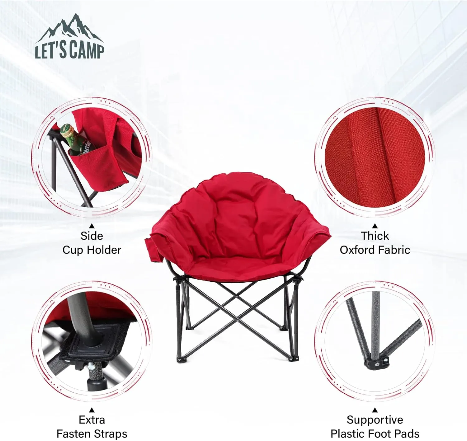 LET'S CAMP Heavy-Duty Oversize Camping Chair Round Moon Saucer Chair Padded with Cup Holder and Carry Bag Folding Chair