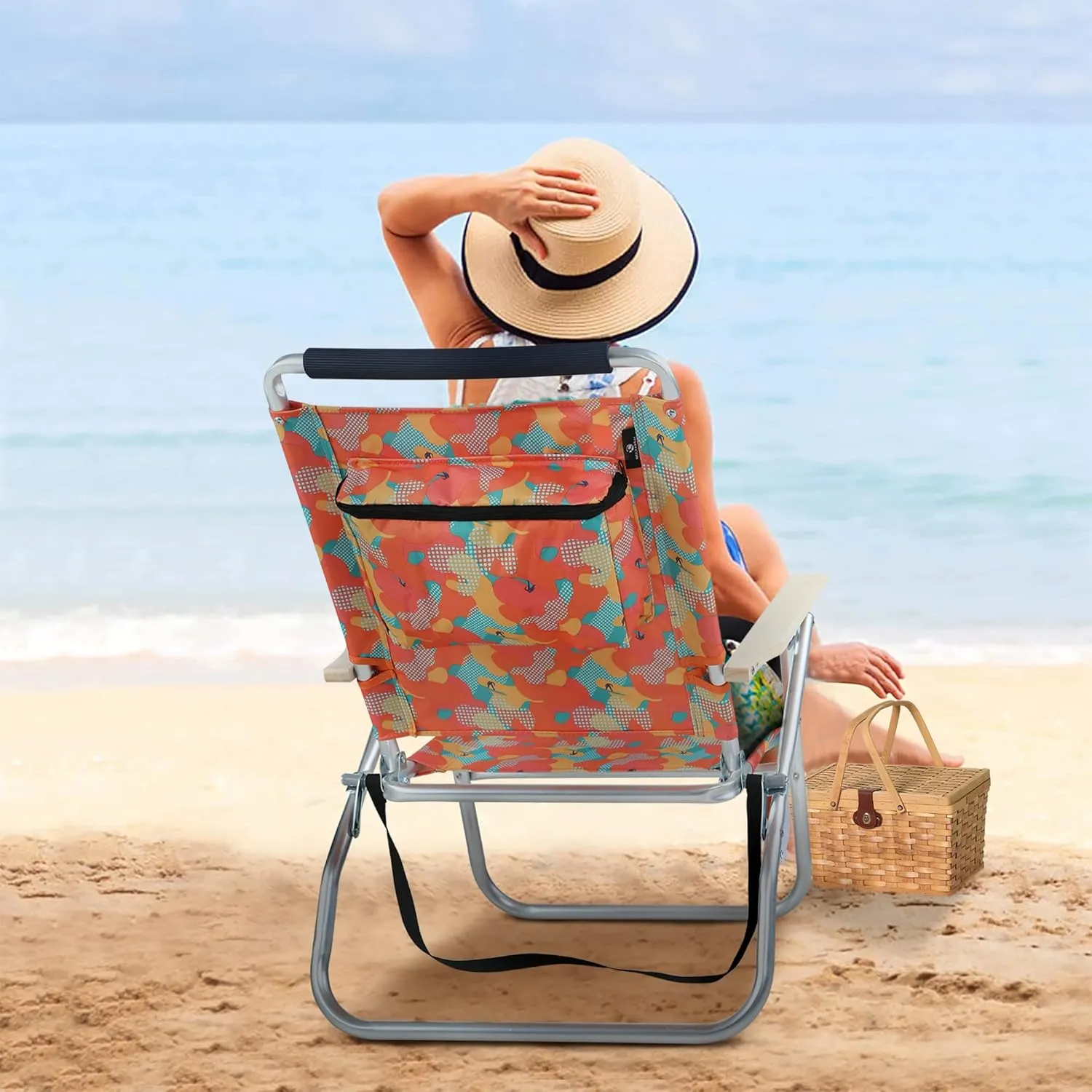 LET'S CAMP High Back Lawn Beach Chair with Insulated Cooler Bag Shoulder Strap, 3-Position Adjustable Folding Chairs for Outdoor Camping Garden Concert Festival Sand Picnic BBQ, Set of 2, Camo