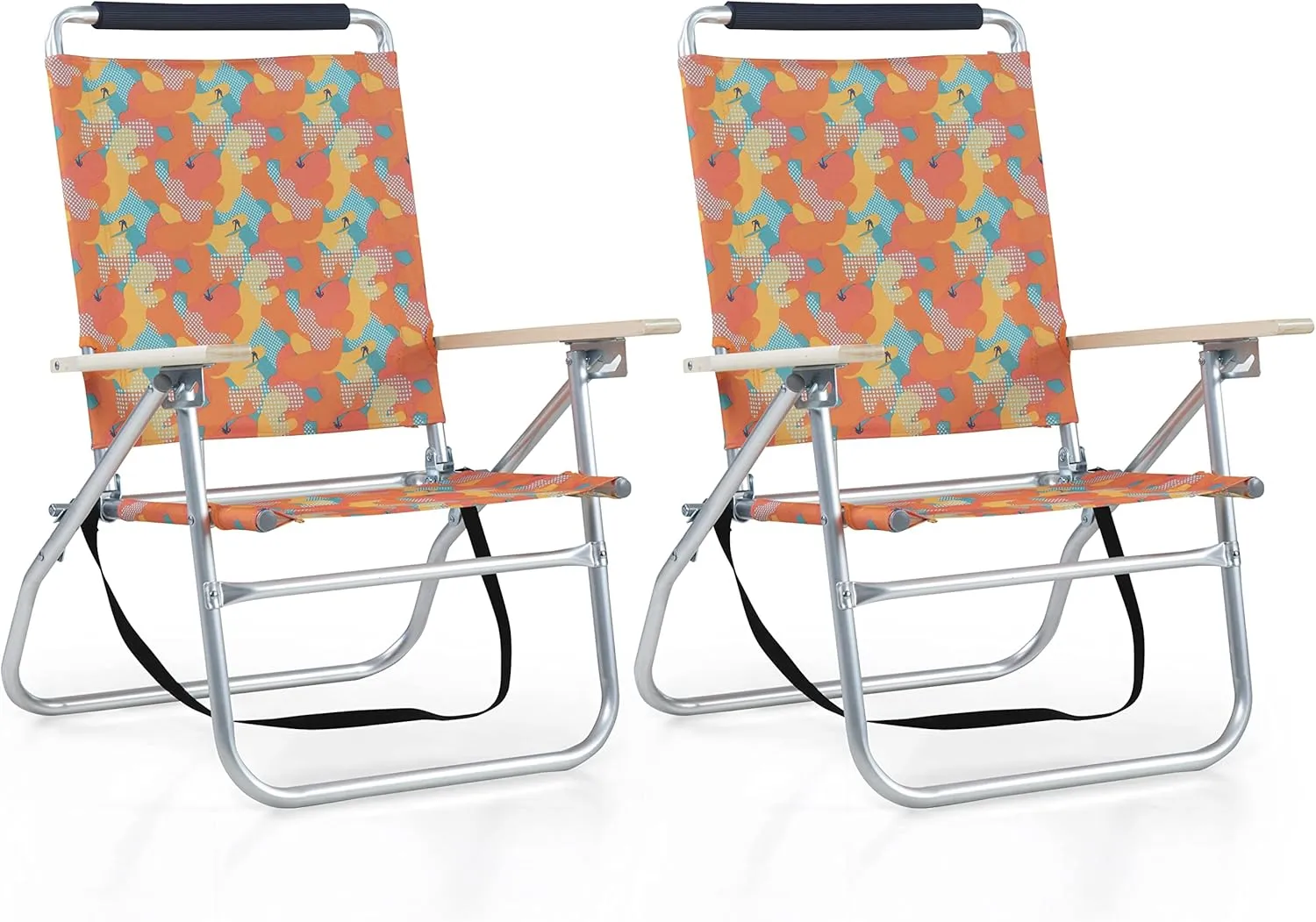 LET'S CAMP High Back Lawn Beach Chair with Insulated Cooler Bag Shoulder Strap, 3-Position Adjustable Folding Chairs for Outdoor Camping Garden Concert Festival Sand Picnic BBQ, Set of 2, Camo