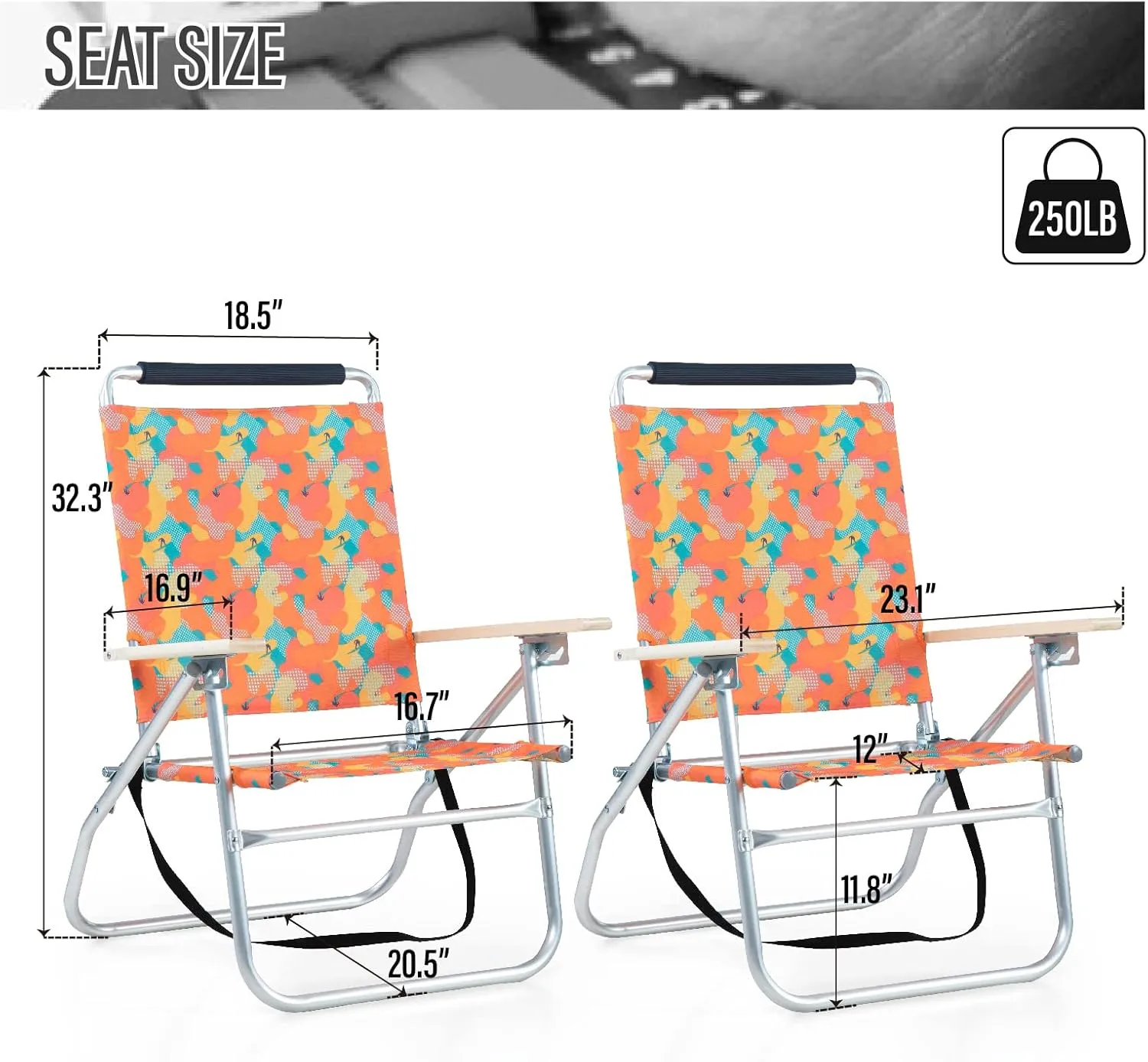LET'S CAMP High Back Lawn Beach Chair with Insulated Cooler Bag Shoulder Strap, 3-Position Adjustable Folding Chairs for Outdoor Camping Garden Concert Festival Sand Picnic BBQ, Set of 2, Camo