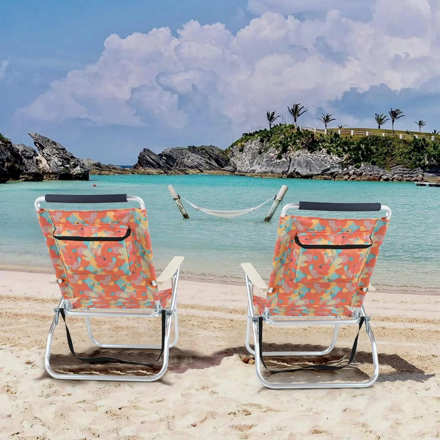 LET'S CAMP High Back Lawn Beach Chair with Insulated Cooler Bag Shoulder Strap, 3-Position Adjustable Folding Chairs for Outdoor Camping Garden Concert Festival Sand Picnic BBQ, Set of 2, Camo