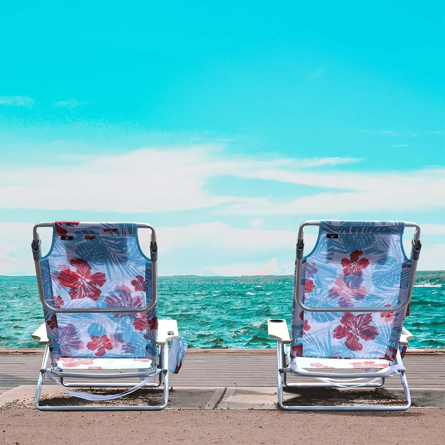 LET'S CAMP Portable Beach Chairs Lightweight Folding 5 Position Lay Flat Camping Chairs with Towel Bar, Set of 2, Flower
