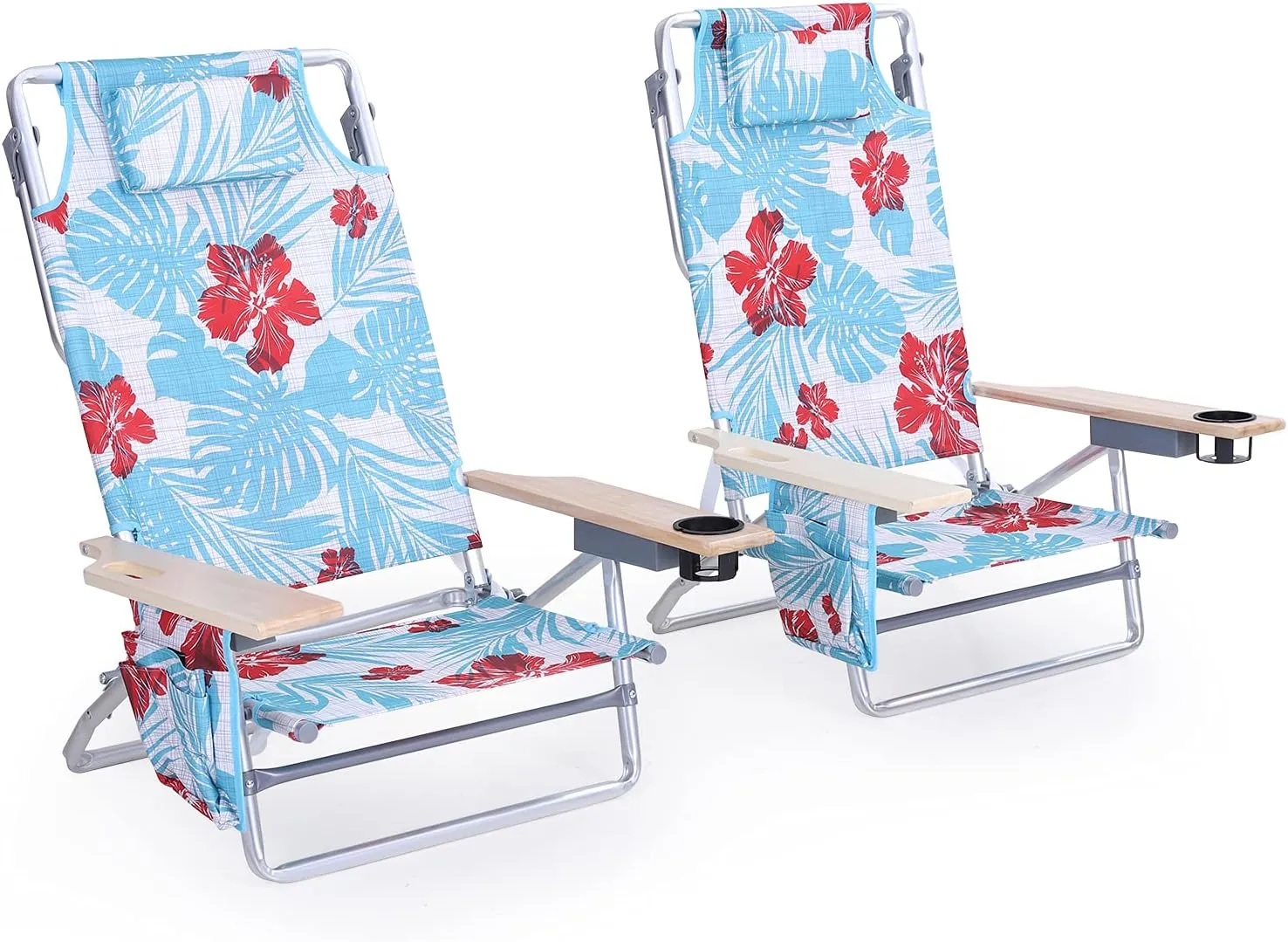 LET'S CAMP Portable Beach Chairs Lightweight Folding 5 Position Lay Flat Camping Chairs with Towel Bar, Set of 2, Flower