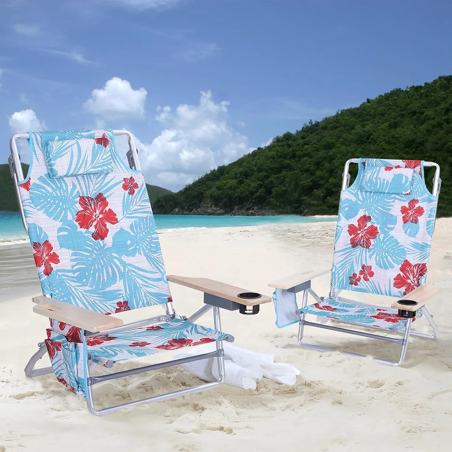 LET'S CAMP Portable Beach Chairs Lightweight Folding 5 Position Lay Flat Camping Chairs with Towel Bar, Set of 2, Flower