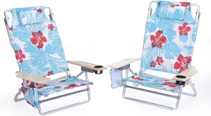 LET'S CAMP Portable Beach Chairs Lightweight Folding 5 Position Lay Flat Camping Chairs with Towel Bar, Set of 2, Flower