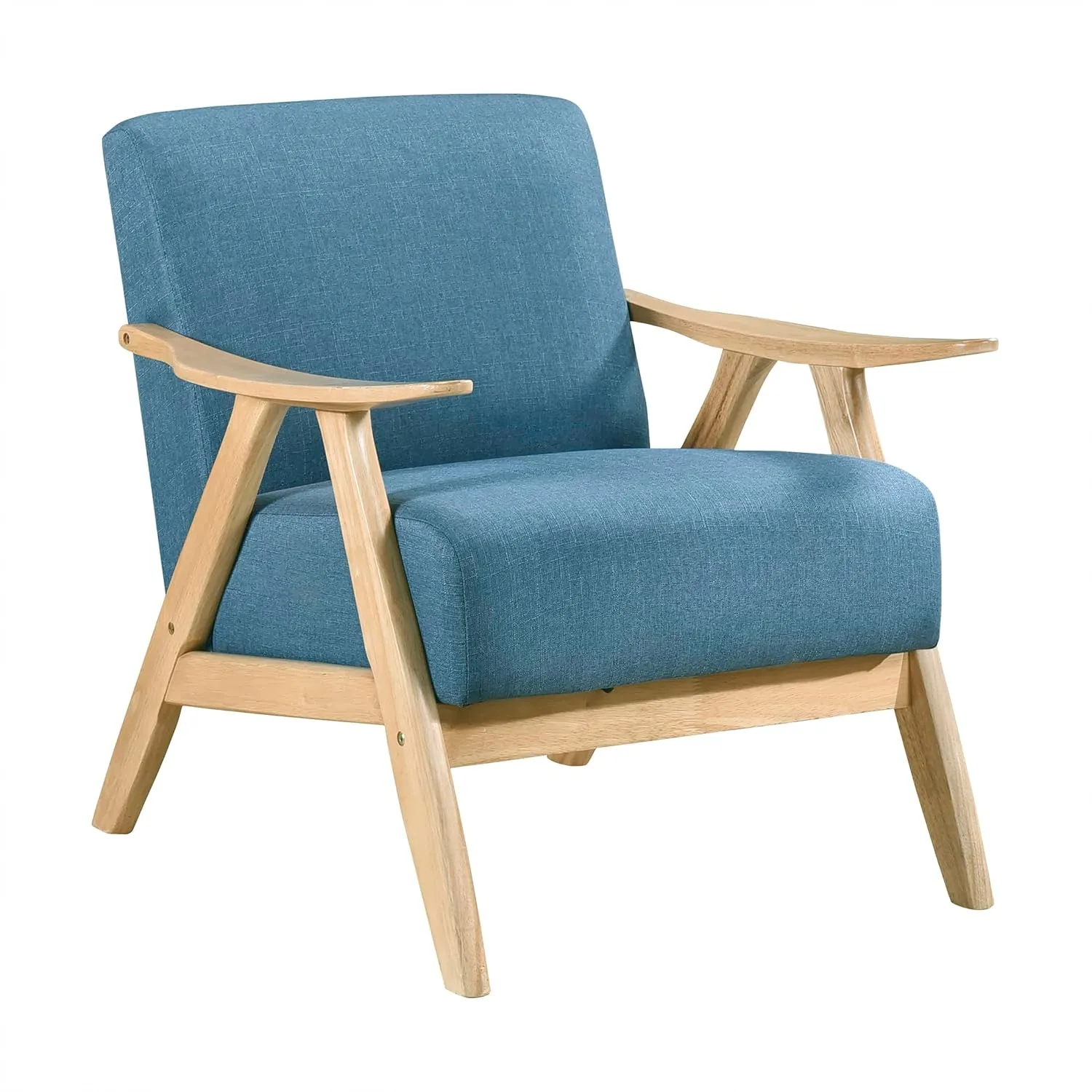 Lexicon Mid Century Modern Accent Chair with Solid Wood Frame in Natural Finish, Textured Fabric Living Room Lounge Arm Chair, Thick and Comfy Innerspring Seat Cushion, Linen-Look Fabric, Blue