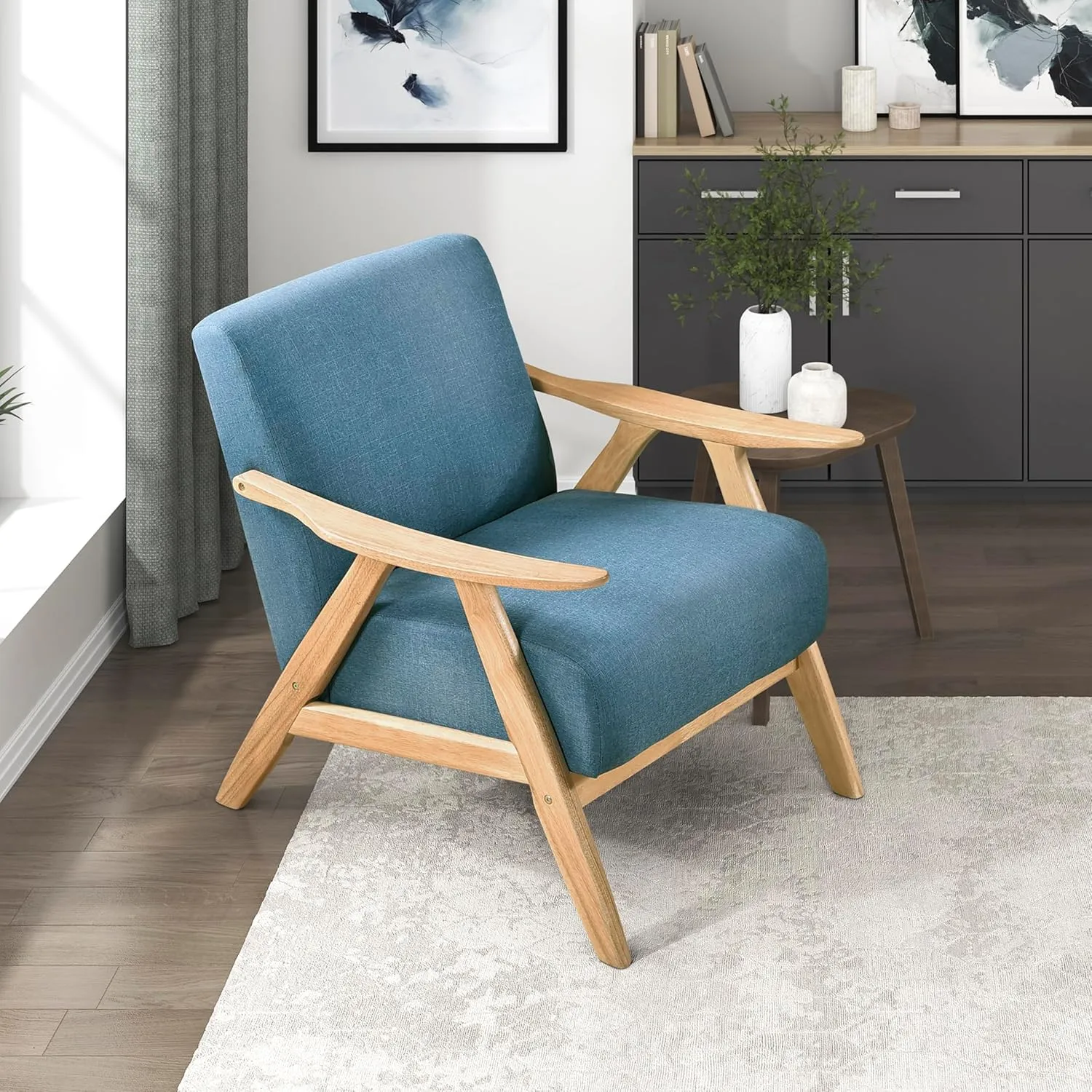 Lexicon Mid Century Modern Accent Chair with Solid Wood Frame in Natural Finish, Textured Fabric Living Room Lounge Arm Chair, Thick and Comfy Innerspring Seat Cushion, Linen-Look Fabric, Blue