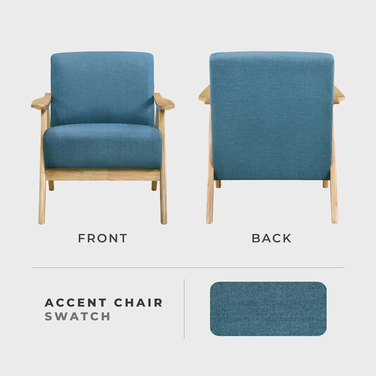 Lexicon Mid Century Modern Accent Chair with Solid Wood Frame in Natural Finish, Textured Fabric Living Room Lounge Arm Chair, Thick and Comfy Innerspring Seat Cushion, Linen-Look Fabric, Blue