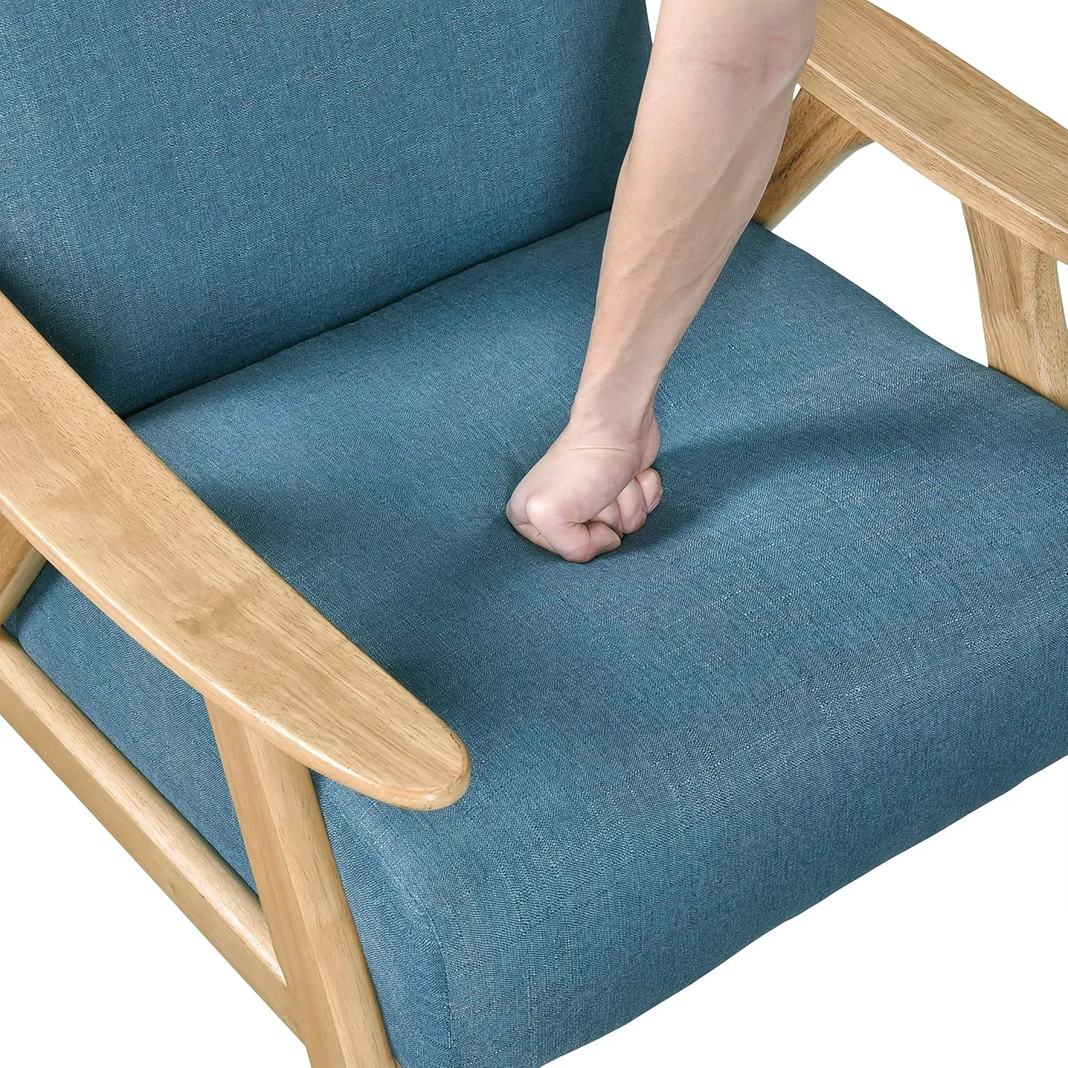 Lexicon Mid Century Modern Accent Chair with Solid Wood Frame in Natural Finish, Textured Fabric Living Room Lounge Arm Chair, Thick and Comfy Innerspring Seat Cushion, Linen-Look Fabric, Blue